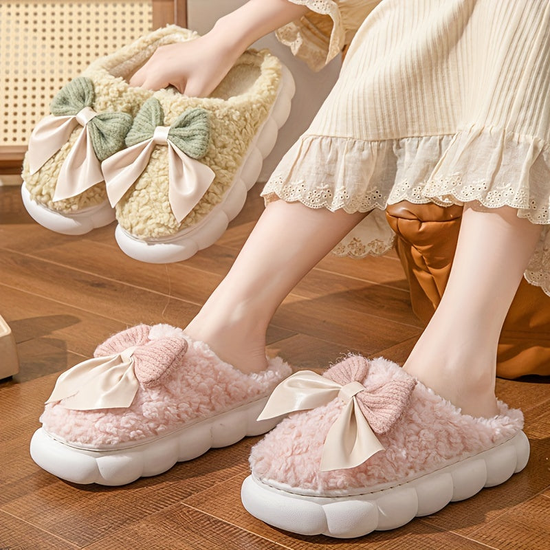 1 Pair Women's Winter Warm Plush Slippers, Casual Solid Color Bowknot Indoor House Shoes, Thick Sole Non-Slip Warm Footwear, Essential Autumn/Winter Home Slides with Superfine Fiber Insole and TPU Sole